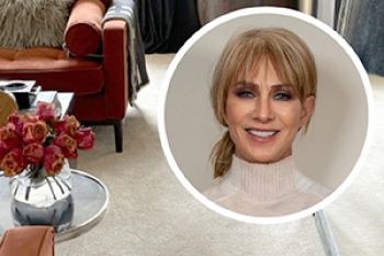 beige living room carpet with orange sofa with inset photo of Karen Millen OBE